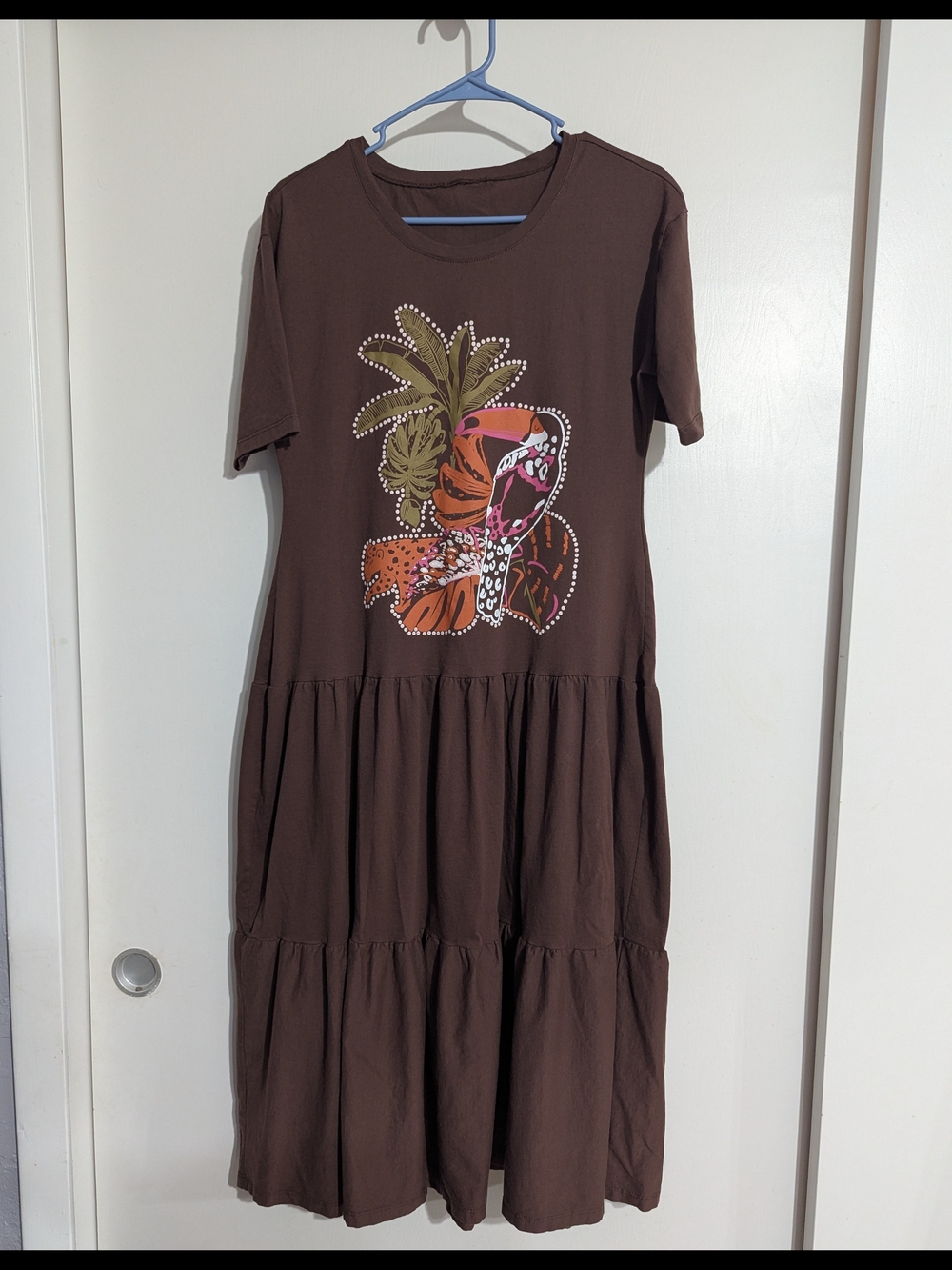 Brown Tropical Graphic Tiered Midi Dress